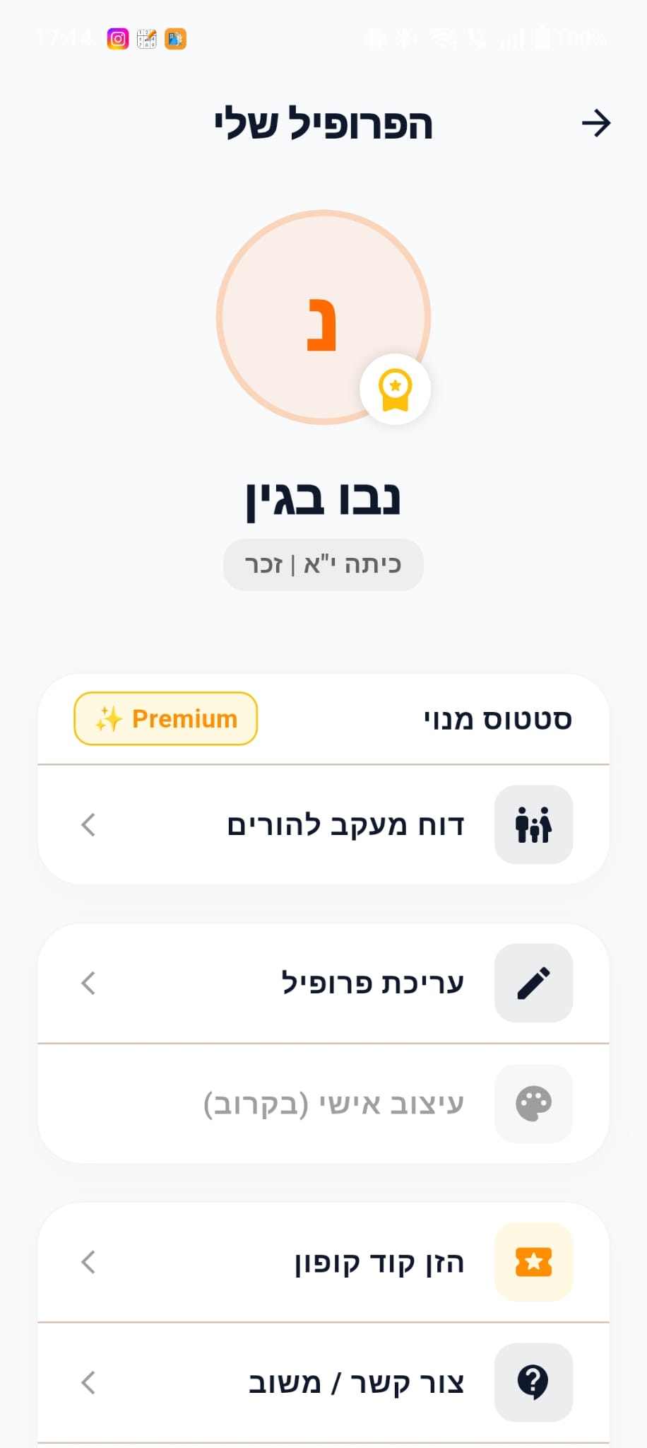 דוגמת פרופיל תלמיד